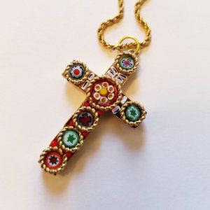 Italian Micro Mosaic Millefiori Cross/Napier Chain